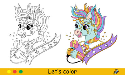 Cute cartoon rock music unicorn coloring vector illustration