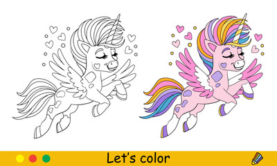 Cute pink unicorn coloring page vector illustration © alinart