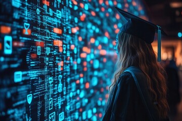 Graduation student observing a vibrant digital display.