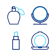 Set line Makeup powder with mirror, Lipstick, Round makeup and Perfume icon. Vector