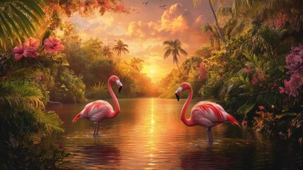 A romantic scene of flamingos wading gracefully in a serene waterscape, surrounded by lush tropical greenery, with a vivid sunset casting golden and crimson hues across the horizon.