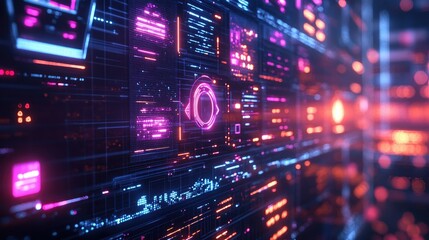 Neon Digital Interface: Futuristic Technology Abstract