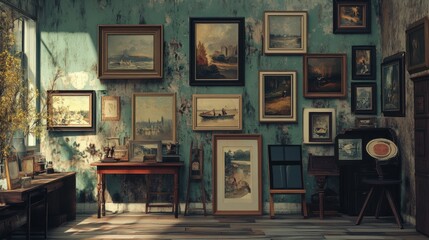 Vintage-style poster of a retro art gallery with classic paintings, muted colors, and vintage frames.
