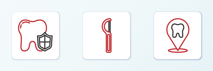 Set line Dental clinic location, protection and floss icon. Vector