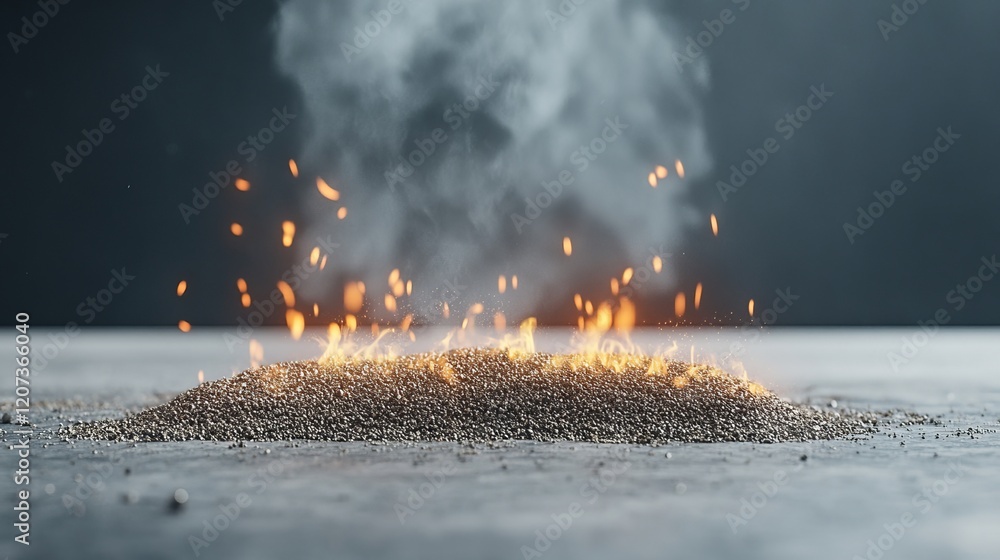 Aufkleber sparkling ashes and smoke emanating from a pile of fine particles on a textured surface creating an 