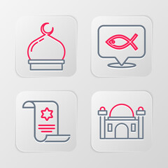 Set line Muslim Mosque, Torah scroll, Christian fish and icon. Vector
