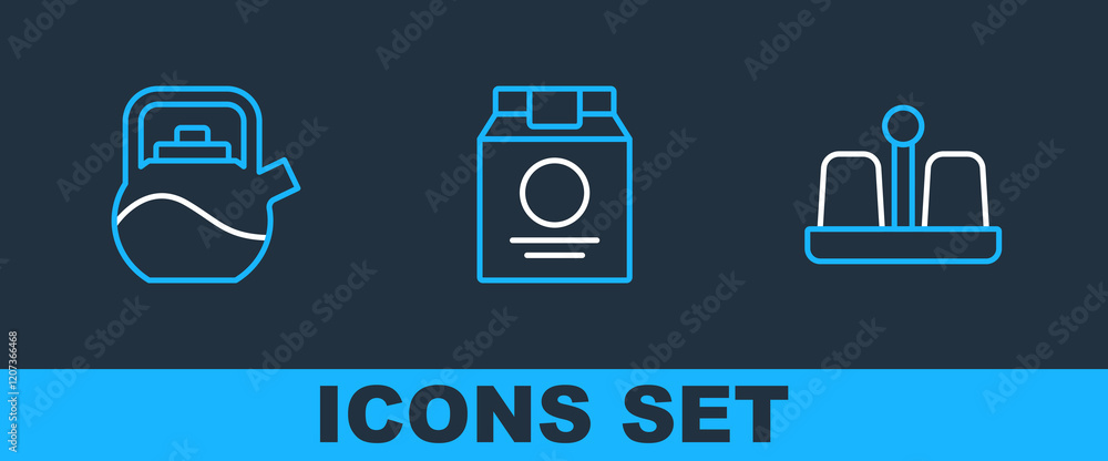 Poster set line salt and pepper, kettle with handle and online ordering delivery icon. vector