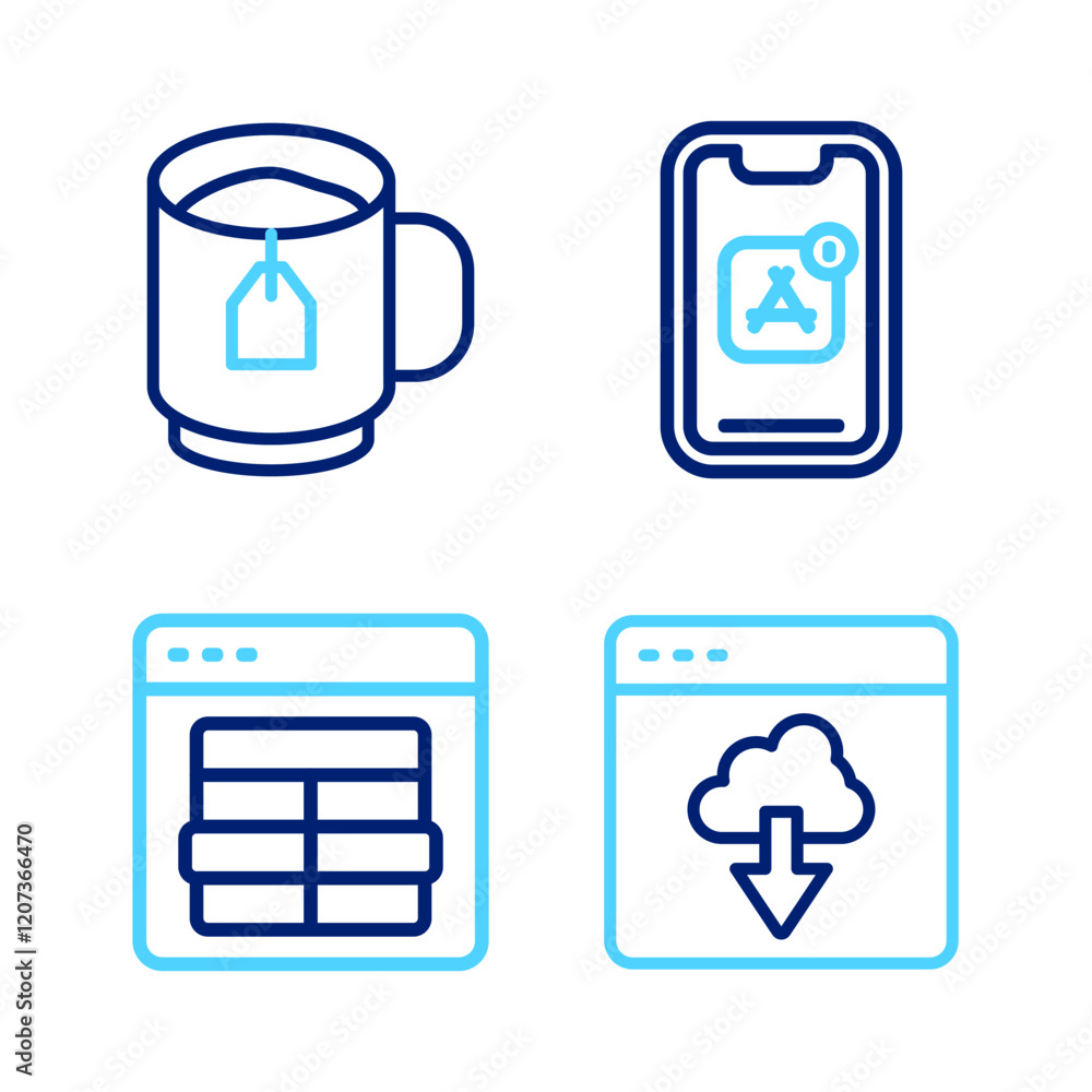 Poster set line cloud technology data transfer, mysql code, mobile apps and cup of tea with tea bag icon. v