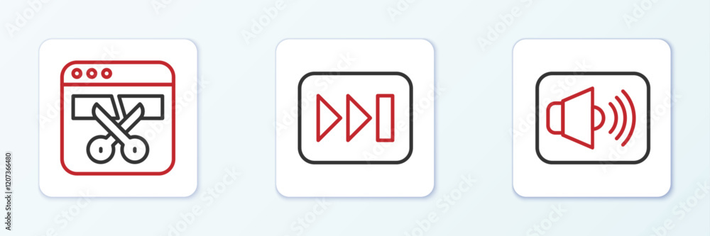 Poster set line speaker volume, video recorder or editor and fast forward icon. vector