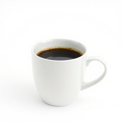 Obraz premium A sleek, modern porcelain coffee cup, glossy white, filled to the brim with dark roasted coffee, against a pure white background. The coffee's surface reflects light, creating a subtle highlight