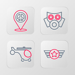 Set line Star American military, Helicopter, Gas mask and Location peace icon. Vector