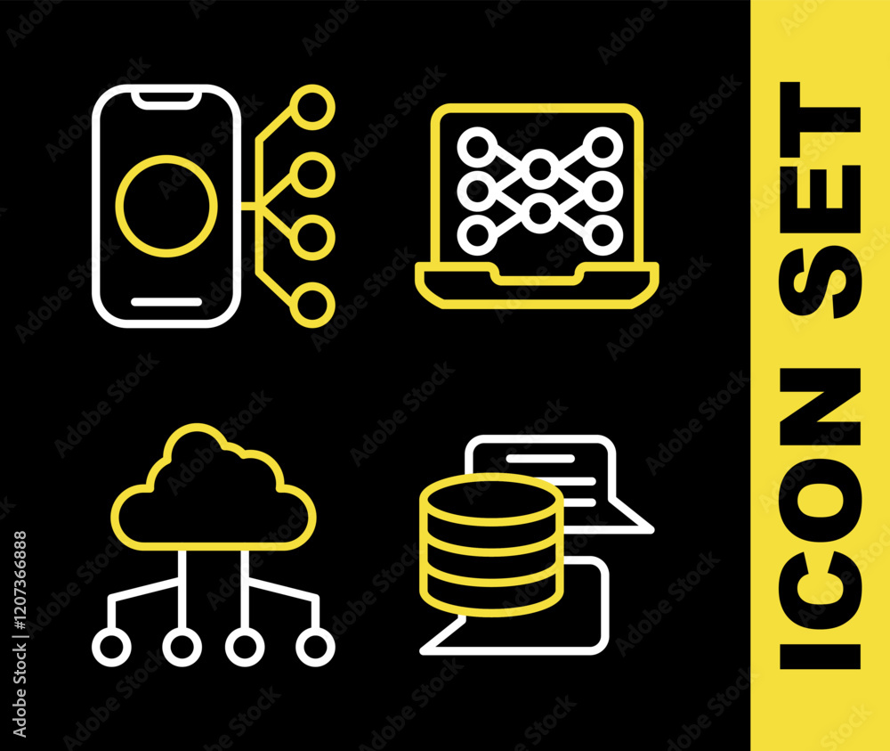 Poster set line neural network, server, data, network cloud connection and icon. vector