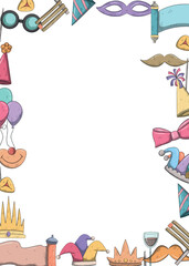 Happy Purim. Israeli jewish traditional holiday. carnival frame, greeting card template, party invitation