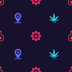 Set Marijuana or cannabis leaf, Location and marijuana, Test tube with and on seamless pattern. Vector