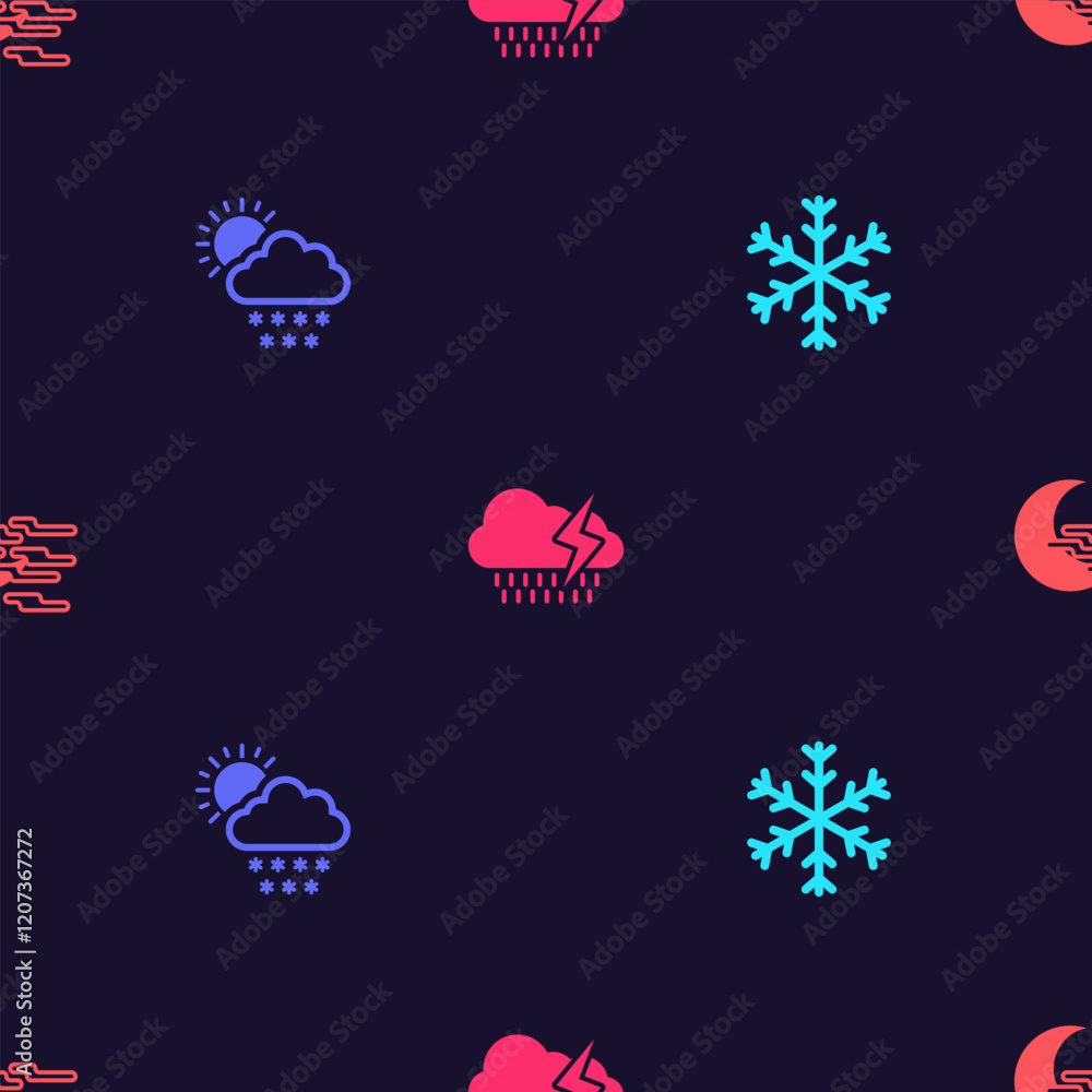 Poster set snowflake, cloud with snow and sun, rain lightning and fog moon on seamless pattern. vector