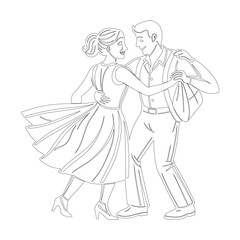 Elegant Couple Dancing Illustration with Woman in Flowing Dress - Romantic Artwork