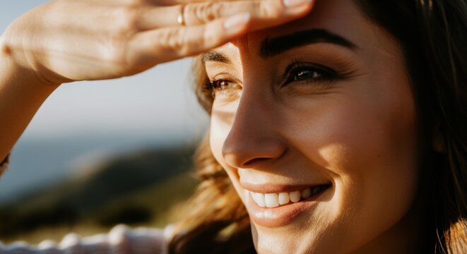 Woman smiling while shielding her eyes from the sun outdoors - Powered by Adobe