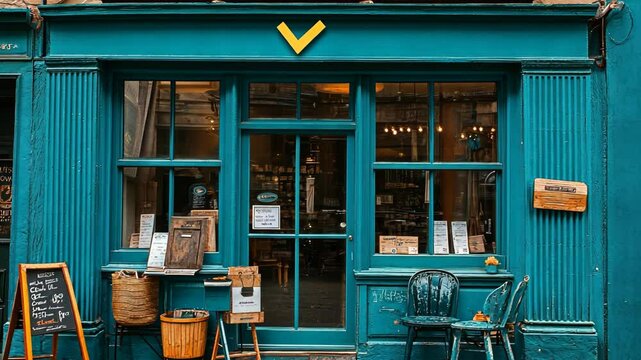 Charming teal cafe storefront with inviting outdoor seating and artisan signage exuding warm ambiance in a busy urban area