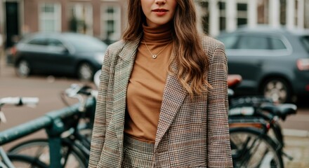 Stylish woman in a plaid suit, exuding confidence and elegance