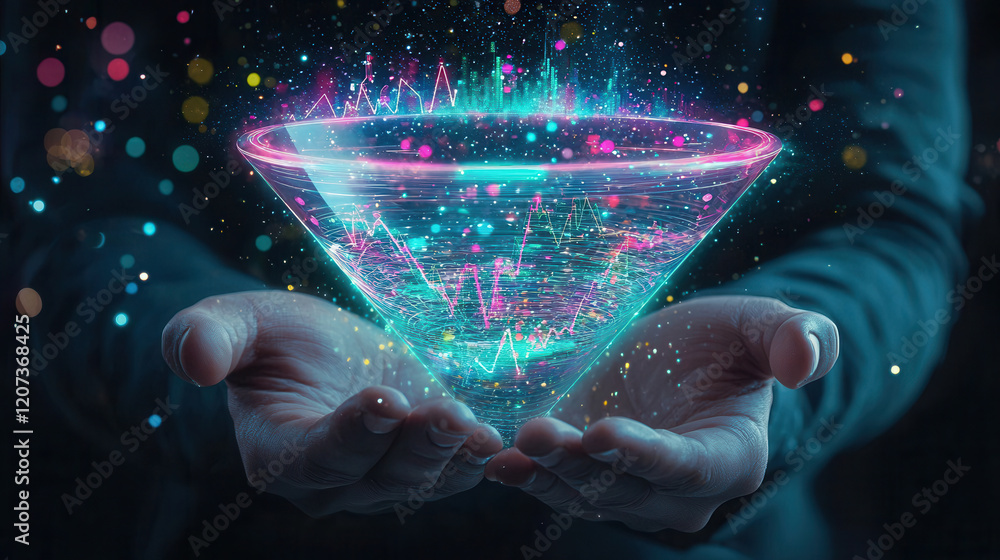 Poster digital marketing funnel visualization with vibrant data graphics and hands