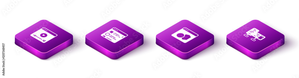 Poster set isometric online play video, browser files, software and computer monitor screen icon. vector
