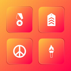 Set Military reward medal, Chevron, Peace and Torch flame icon. Vector