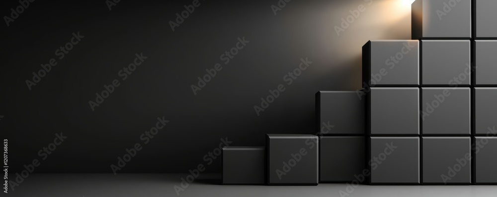 Poster elegant matte black cubes stacked asymmetrically, illuminated by a subtle spotlight, creating a mode