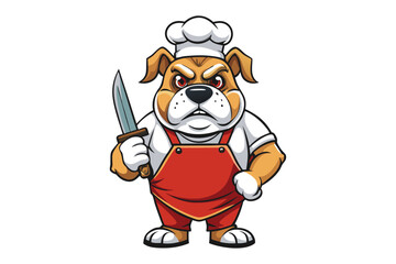 A bulldog wearing butcher outfit, holding  knife in a hand vector art illustration.eps