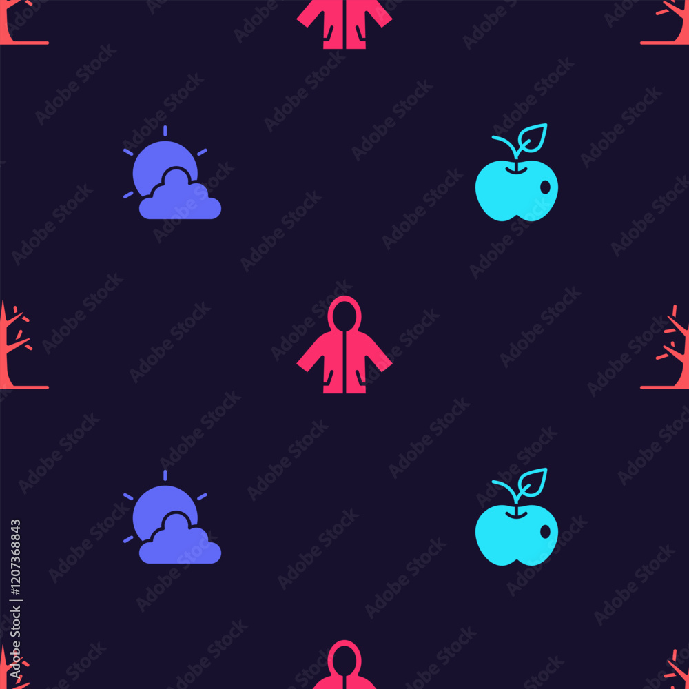 Poster set apple, sun and cloud weather, raincoat and bare tree on seamless pattern. vector