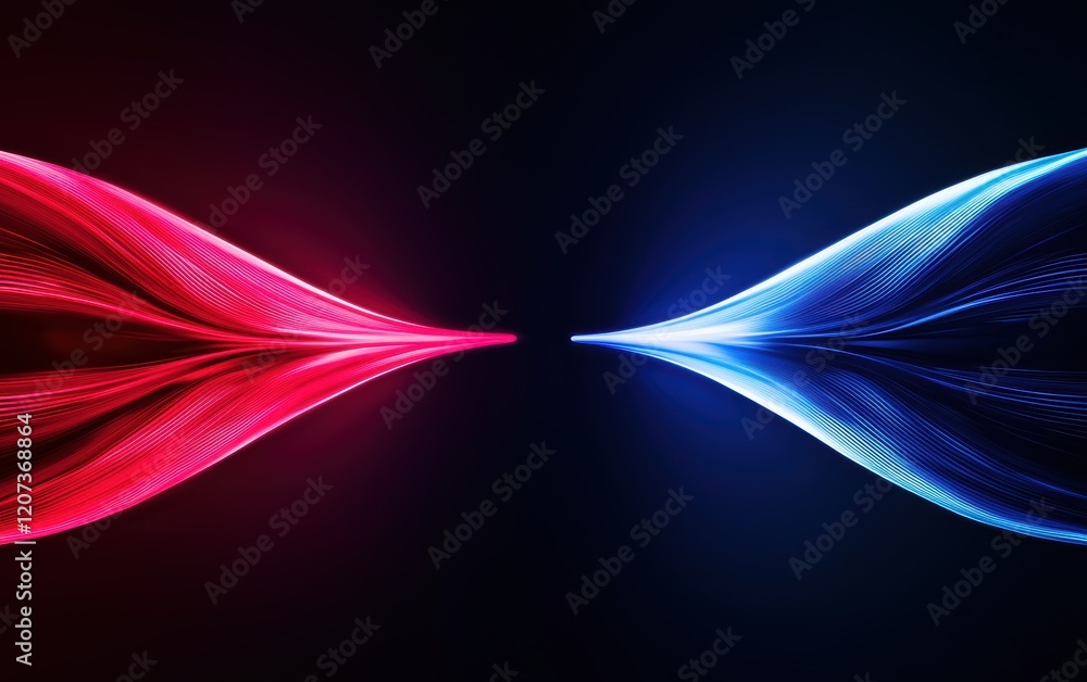 Poster futuristic financial graph with glowing red and blue lines intersecting dynamically on a dark backgr