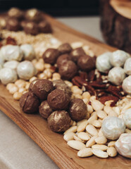 Catering table, beautifully decorated banquet with variety different food snacks appetizers on christmas corporate birthday party event or wedding celebration, canape, salad, delicatessen setting