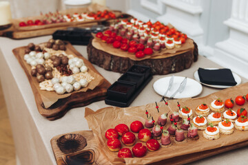 Catering table, beautifully decorated banquet with variety different food snacks appetizers on christmas corporate birthday party event or wedding celebration, canape, salad, delicatessen setting