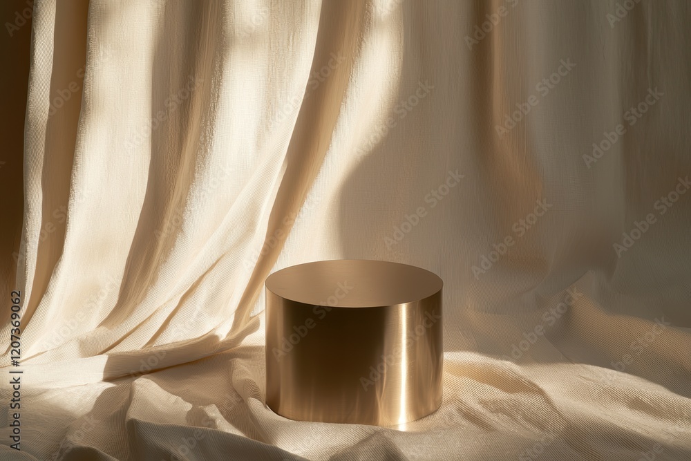 Poster glossy metallic podium set against a draped fabric backdrop, the interplay of textures creating a so