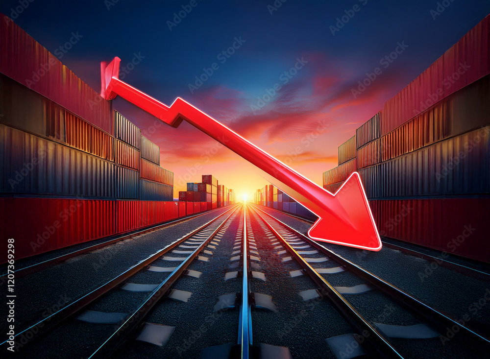 Poster A large red arrow points down over a railway track lined with shipping containers, symbolizing a decline in global trade and economic downturn at sunset.