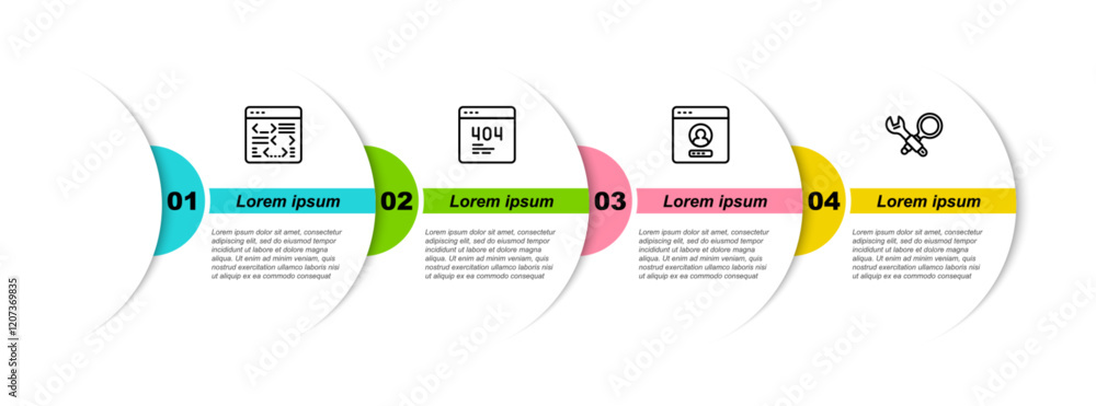 Poster set line software, page with 404 error, create account screen and debugging. business infographic te