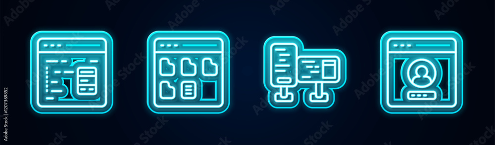 Poster set line software, browser files, computer monitor screen and create account. glowing neon icon. vec