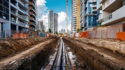 A civil construction site in a modern Australian city showing a narrow trench for underground pipelines, with nearby commercial and residential buildings, captured in vivid detail.