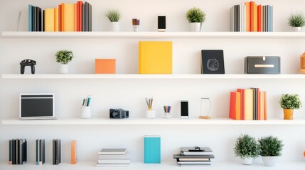 A clean and minimalistic interior showcasing a mix of colorful miscellaneous goods, including modern gadgets, books, and small potted plants, on sleek white shelves.