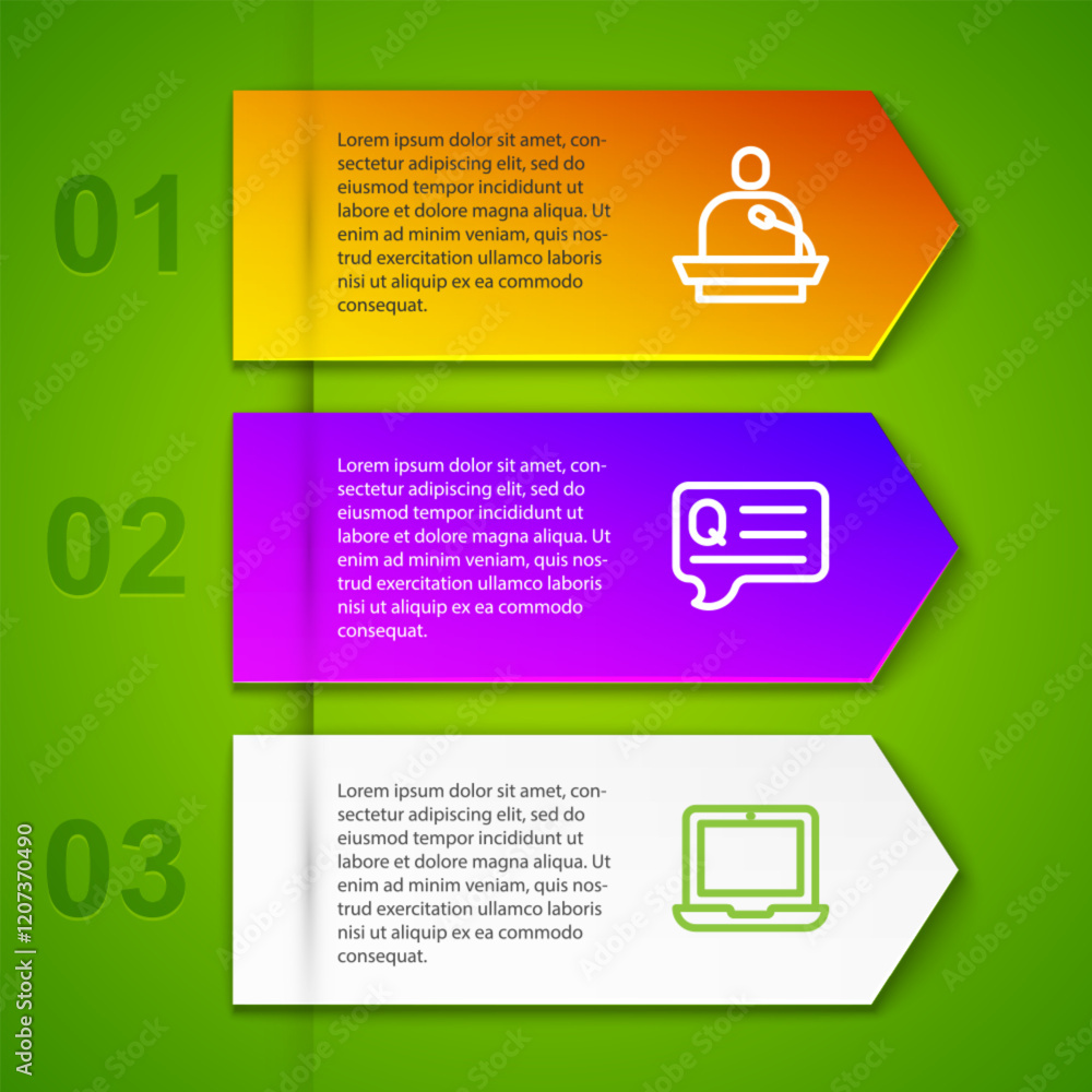Poster set line gives lecture, speech bubbles with question and laptop. business infographic template. vect