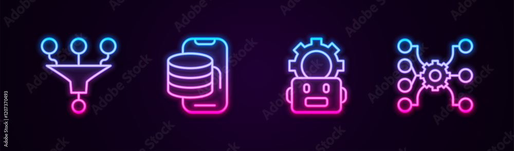 Poster set line funnel or filter, cloud technology data transfer, robot setting and neural network. glowing