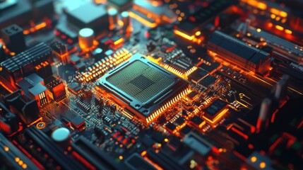 Fototapeta premium A close-up of a CPU and its surrounding components on a circuit board, with visible traces and LED lights creating a futuristic glow.