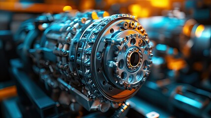 Close-up of a Complex Engine Mechanism: Precision Engineering and Industrial Design