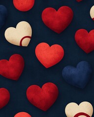 A colorful pattern of soft, plush hearts in red, blue, and cream on a dark background, creating a vibrant and playful design.