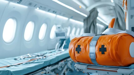 Medical and security evacuation. Medical equipment on an airplane, emphasizing emergency preparedness and aviation safety.