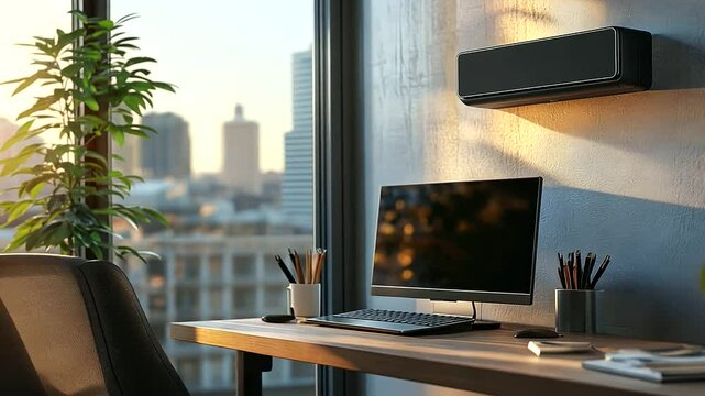 A stylish home office with a sleek wall-mounted heater, creating a cozy and productive atmosphere during colder months.