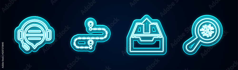 Poster set line headphones with speech bubble chat, route location, upload inbox and microorganisms under m