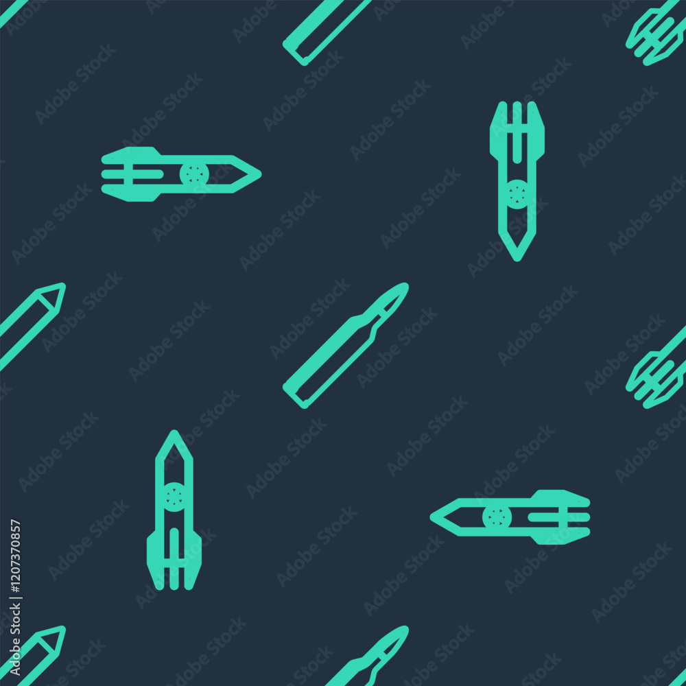 Poster set line bullet, nuclear rocket and rocket on seamless pattern. vector