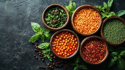 Rustic Bowls of Vibrant Spices and Herbs