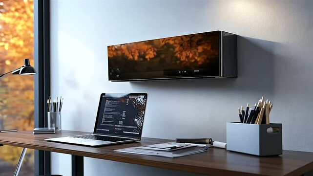 A stylish home office with a sleek wall-mounted heater, creating a cozy and productive atmosphere during colder months.