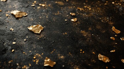 Fototapeta premium A close-up of multiple gold nuggets scattered on a matte black surface, with sharp details highlighting their natural imperfections and luster